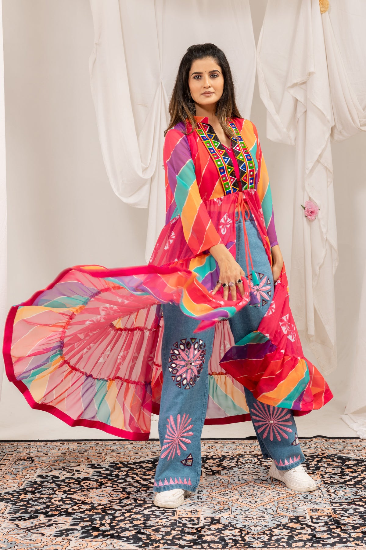 Colorful Faux Georgette Ruffle Shrug with Mirror Work Blouse & Denim Jeans Set
