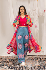 Colorful Faux Georgette Ruffle Shrug with Mirror Work Blouse & Denim Jeans Set