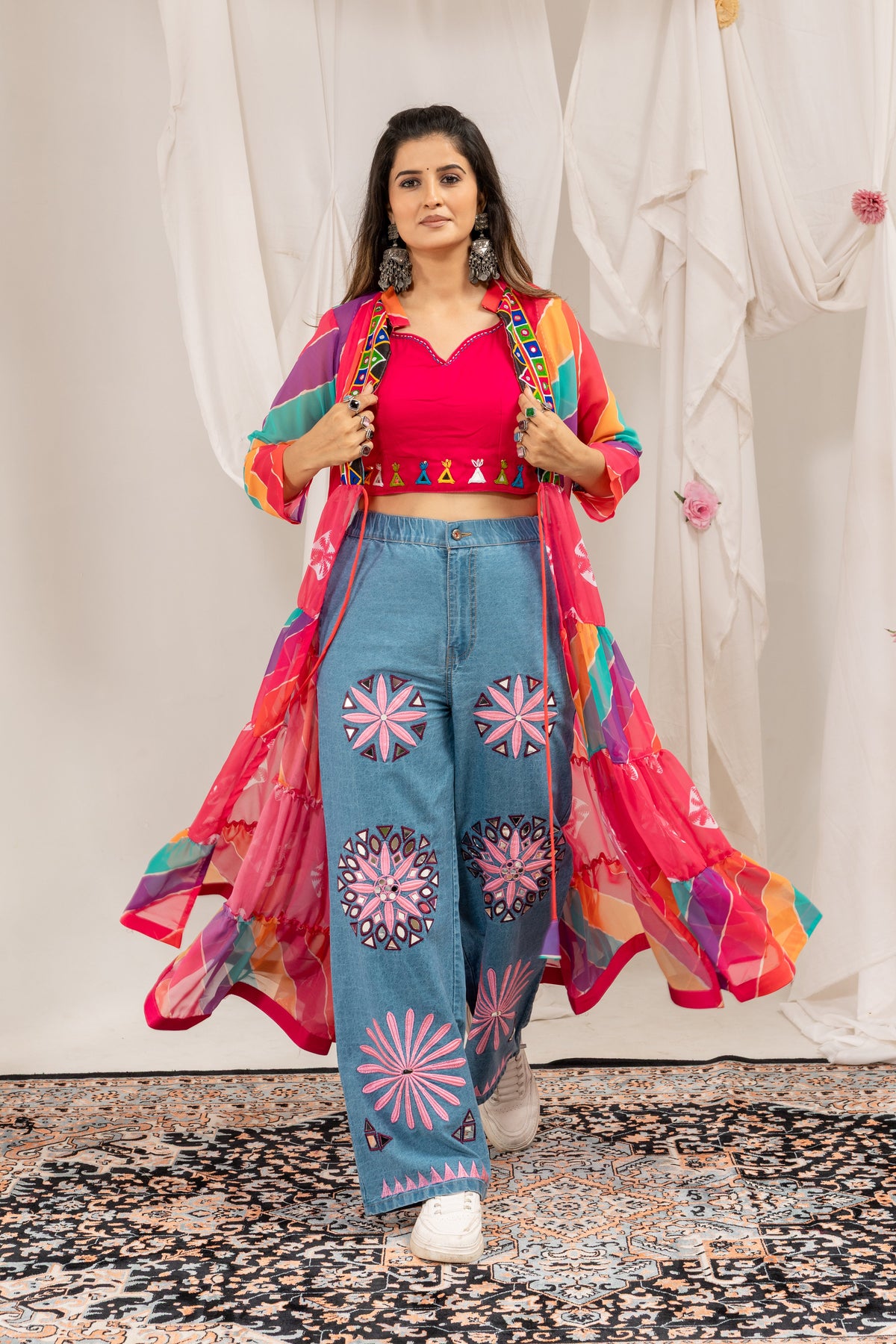 Colorful Faux Georgette Ruffle Shrug with Mirror Work Blouse & Denim Jeans Set