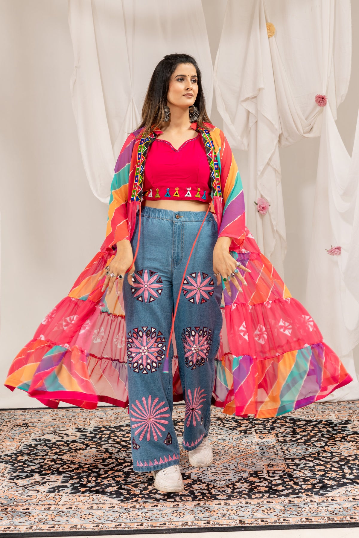 Colorful Faux Georgette Ruffle Shrug with Mirror Work Blouse & Denim Jeans Set