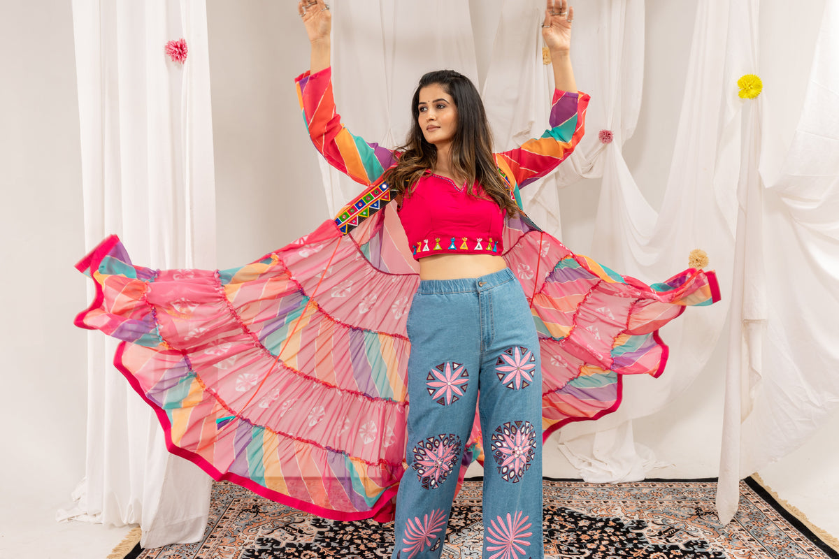 Colorful Faux Georgette Ruffle Shrug with Mirror Work Blouse & Denim Jeans Set