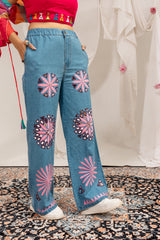 Colorful Faux Georgette Ruffle Shrug with Mirror Work Blouse & Denim Jeans Set