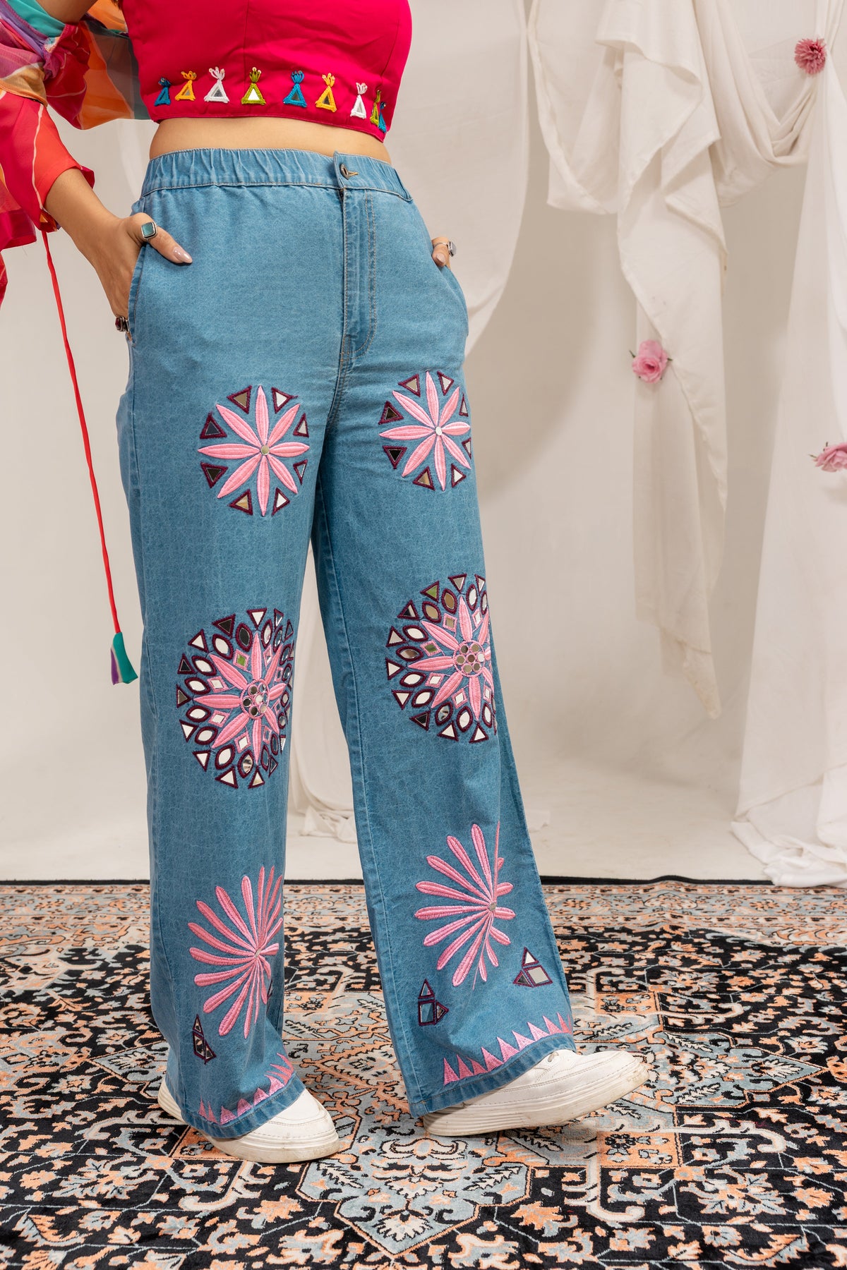 Colorful Faux Georgette Ruffle Shrug with Mirror Work Blouse & Denim Jeans Set