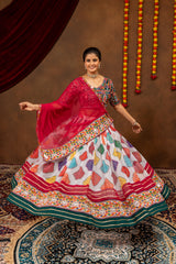 Vibrant Printed Faux Georgette Designer Lehenga Choli with Mirror Work Blouse & Dupatta
