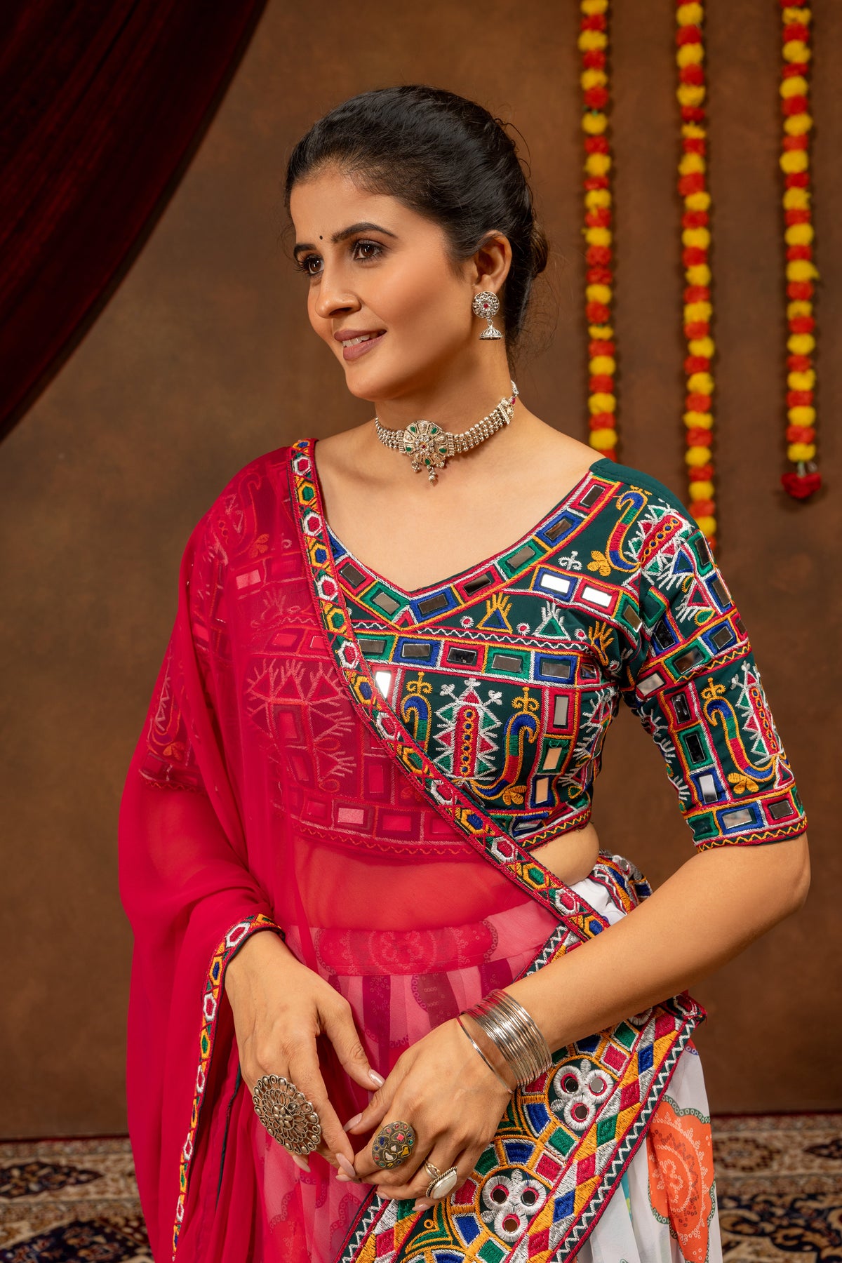 Vibrant Printed Faux Georgette Designer Lehenga Choli with Mirror Work Blouse & Dupatta