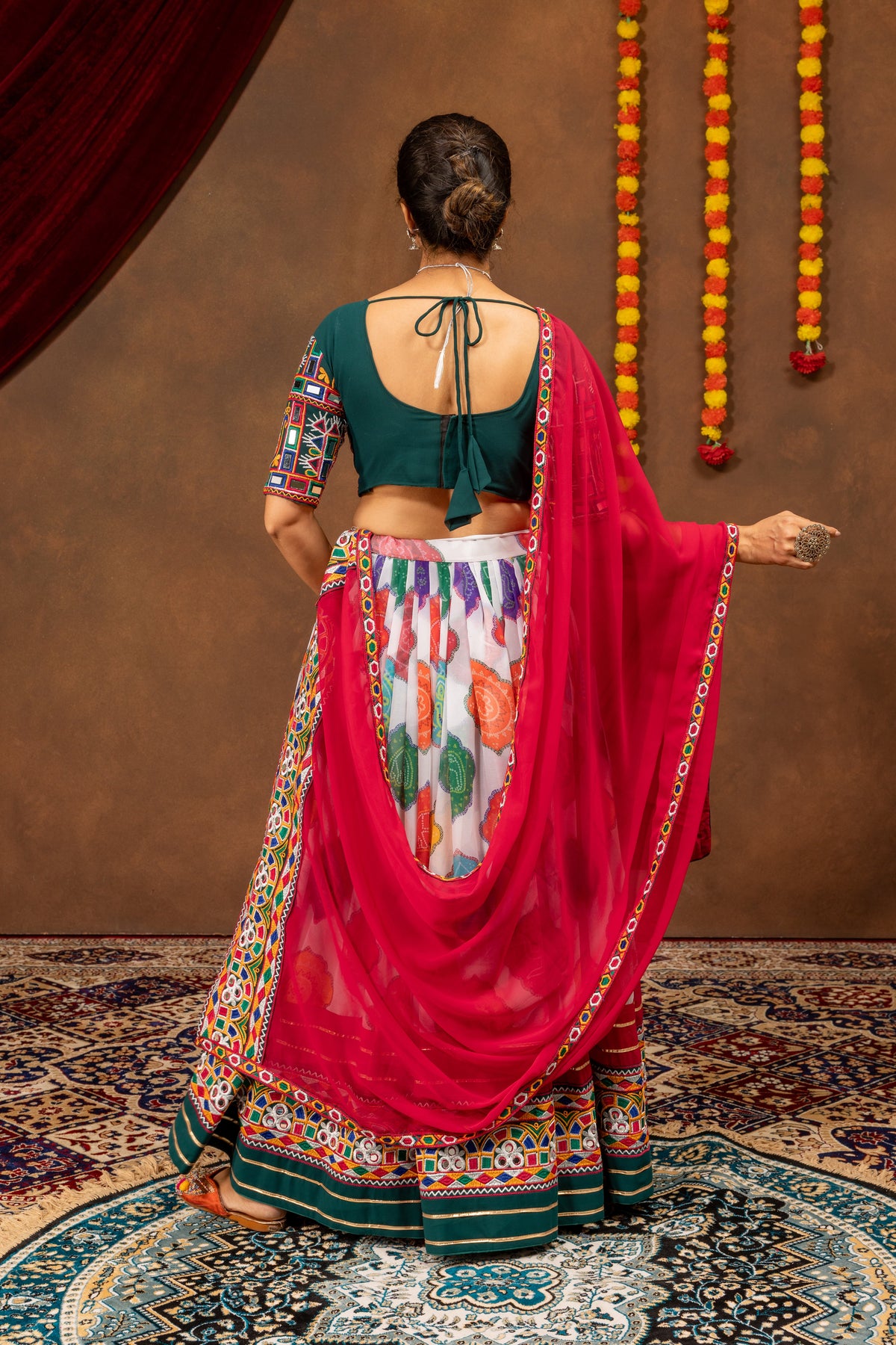 Vibrant Printed Faux Georgette Designer Lehenga Choli with Mirror Work Blouse & Dupatta