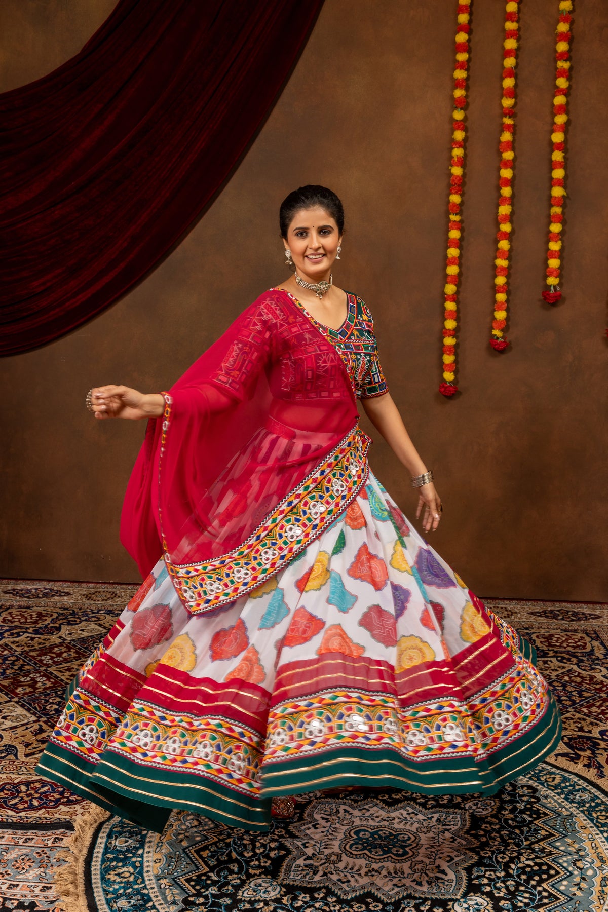 Vibrant Printed Faux Georgette Designer Lehenga Choli with Mirror Work Blouse & Dupatta