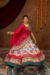 Vibrant Printed Faux Georgette Designer Lehenga Choli with Mirror Work Blouse & Dupatta