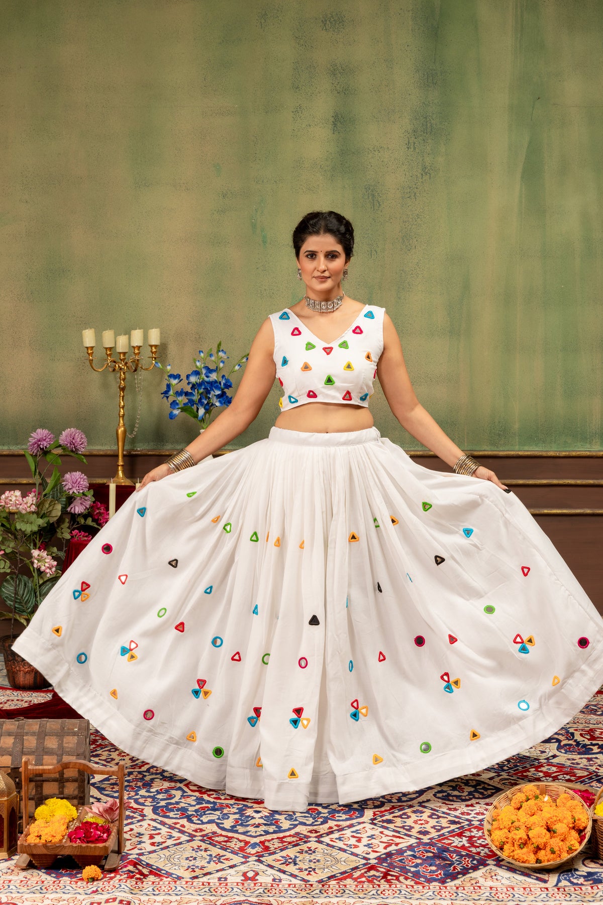 White Rayon Cotton Designer Lehenga Choli with Mirror Work Blouse & Denim Jacket