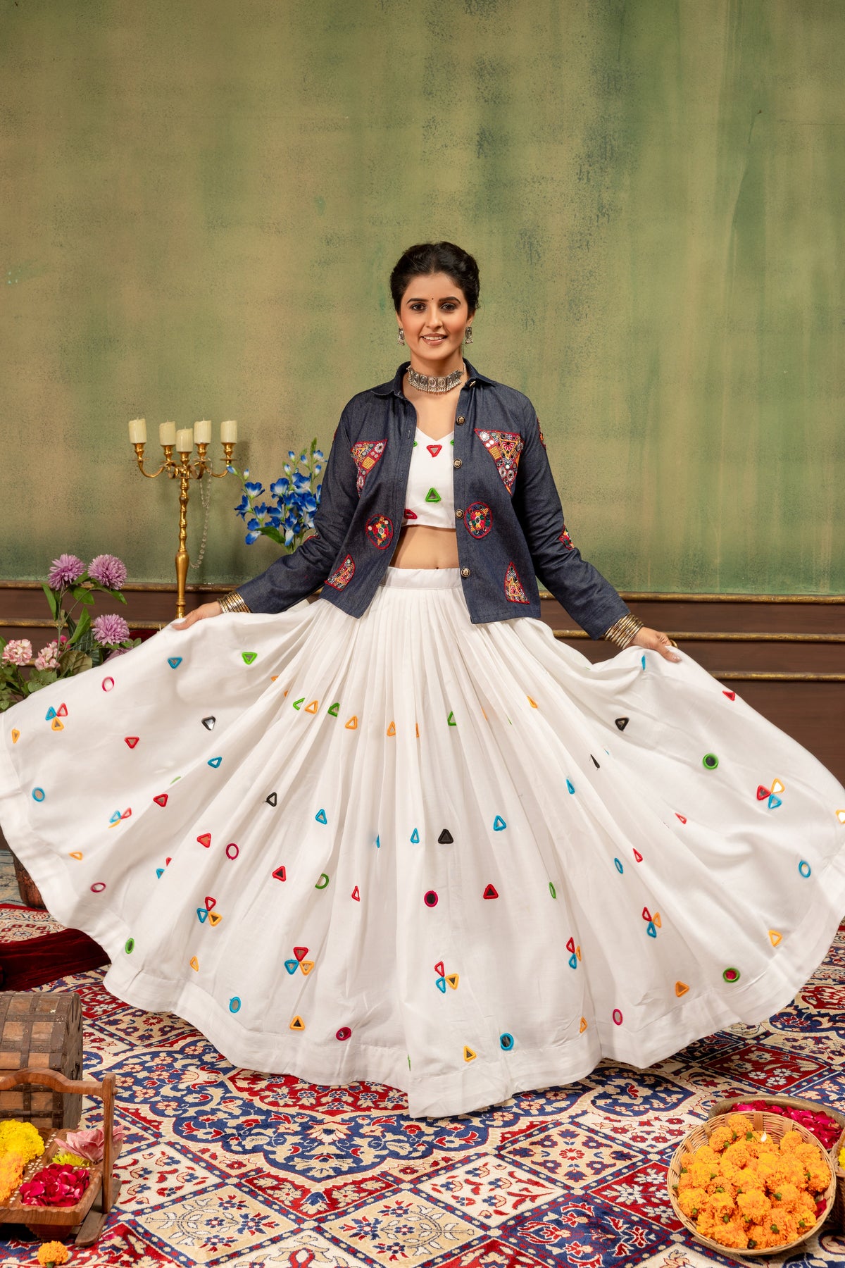White Rayon Cotton Designer Lehenga Choli with Mirror Work Blouse & Denim Jacket