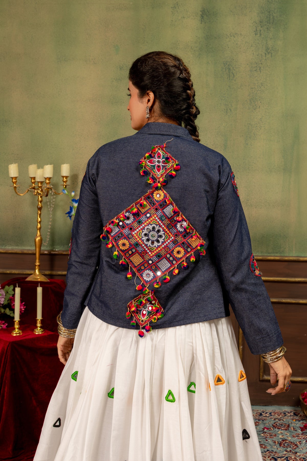 White Rayon Cotton Designer Lehenga Choli with Mirror Work Blouse & Denim Jacket