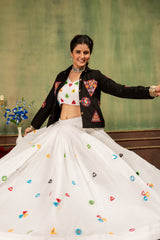 White Rayon Cotton Designer Lehenga Choli with Mirror Work Blouse & Denim Jacket