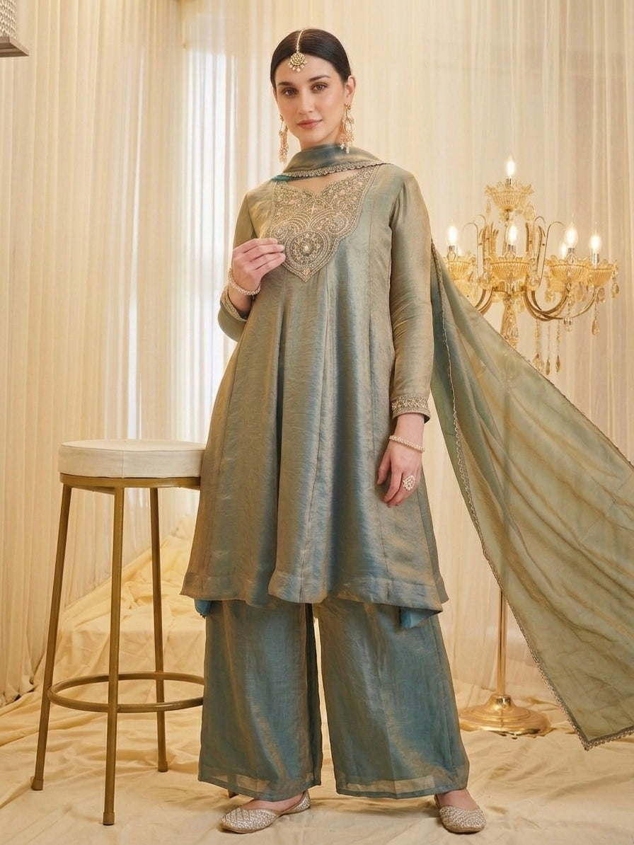 Sage Green Fandy Silk Heavy Embroidered Designer Kurti with Palazzo and Dupatta Set