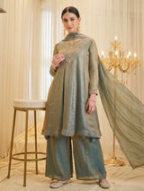 Sage Green Fandy Silk Heavy Embroidered Designer Kurti with Palazzo and Dupatta Set