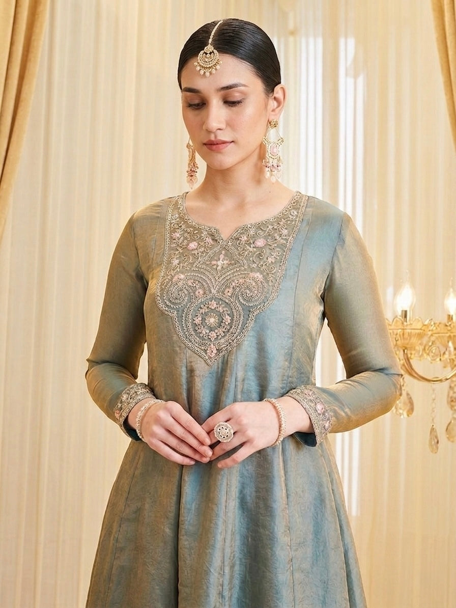 Sage Green Fandy Silk Heavy Embroidered Designer Kurti with Palazzo and Dupatta Set