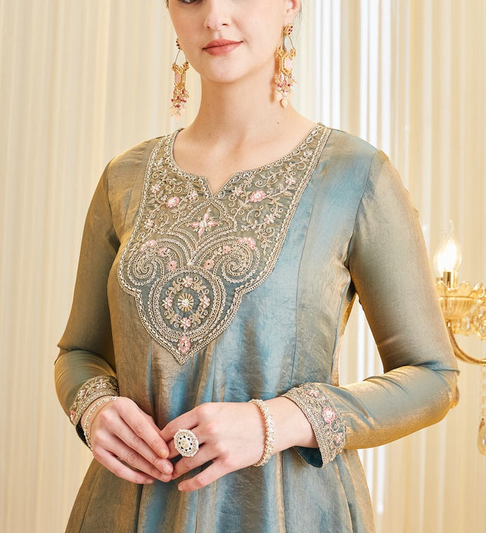 Sage Green Fandy Silk Heavy Embroidered Designer Kurti with Palazzo and Dupatta Set