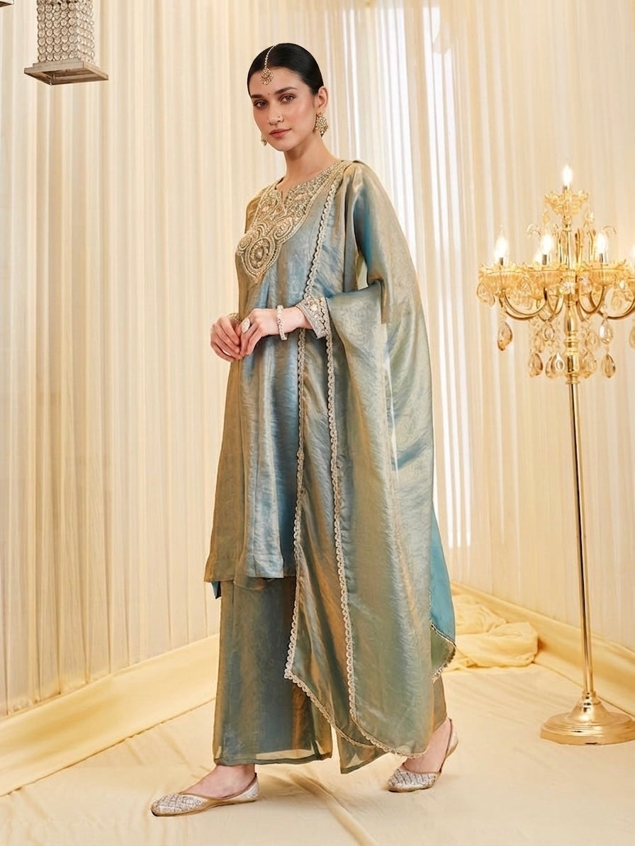 Sage Green Fandy Silk Heavy Embroidered Designer Kurti with Palazzo and Dupatta Set