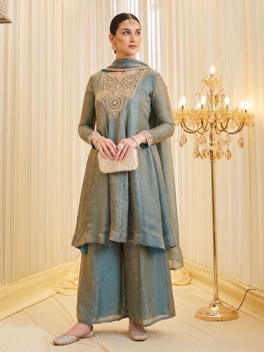 Sage Green Fandy Silk Heavy Embroidered Designer Kurti with Palazzo and Dupatta Set