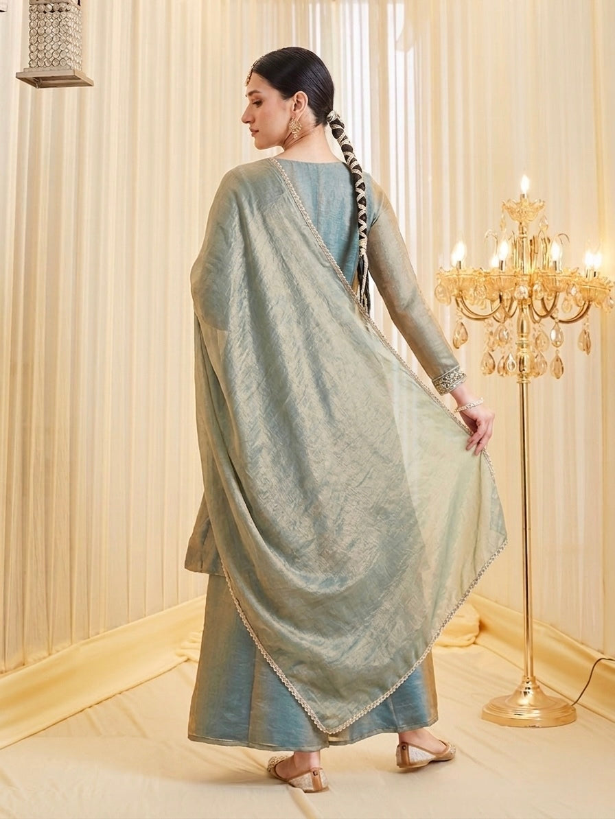 Sage Green Fandy Silk Heavy Embroidered Designer Kurti with Palazzo and Dupatta Set