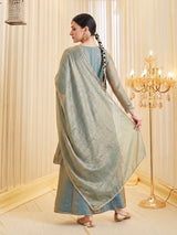 Sage Green Fandy Silk Heavy Embroidered Designer Kurti with Palazzo and Dupatta Set
