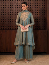 Sage Green Fandy Silk Heavy Embroidered Designer Kurti with Palazzo and Dupatta Set