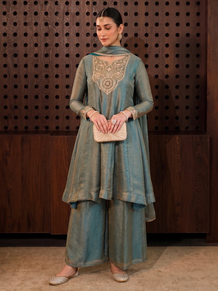 Sage Green Fandy Silk Heavy Embroidered Designer Kurti with Palazzo and Dupatta Set