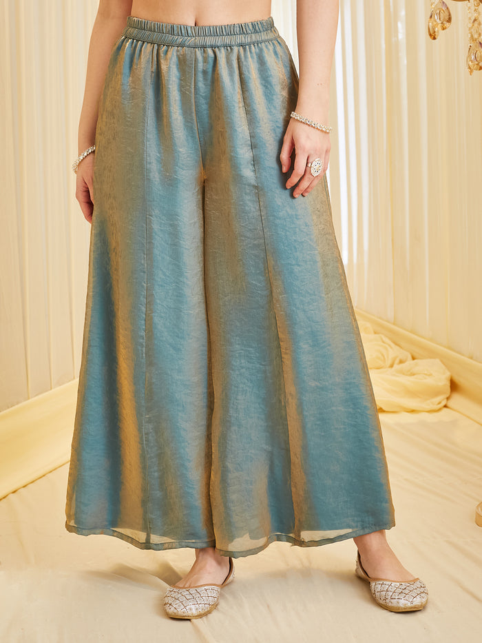 Sage Green Fandy Silk Heavy Embroidered Designer Kurti with Palazzo and Dupatta Set