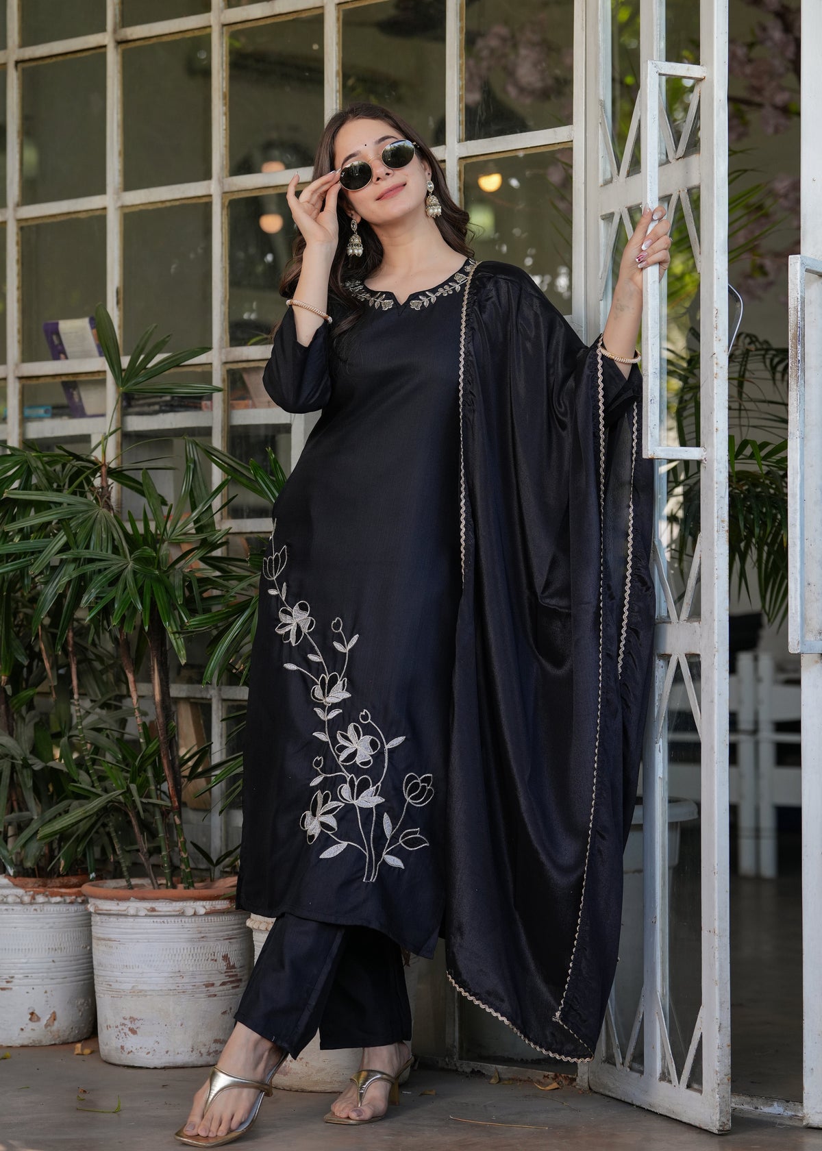 Designer Embroidered Viscose Rayon Kurti with Pants and Chinon Dupatta Set