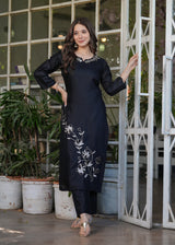 Designer Embroidered Viscose Rayon Kurti with Pants and Chinon Dupatta Set