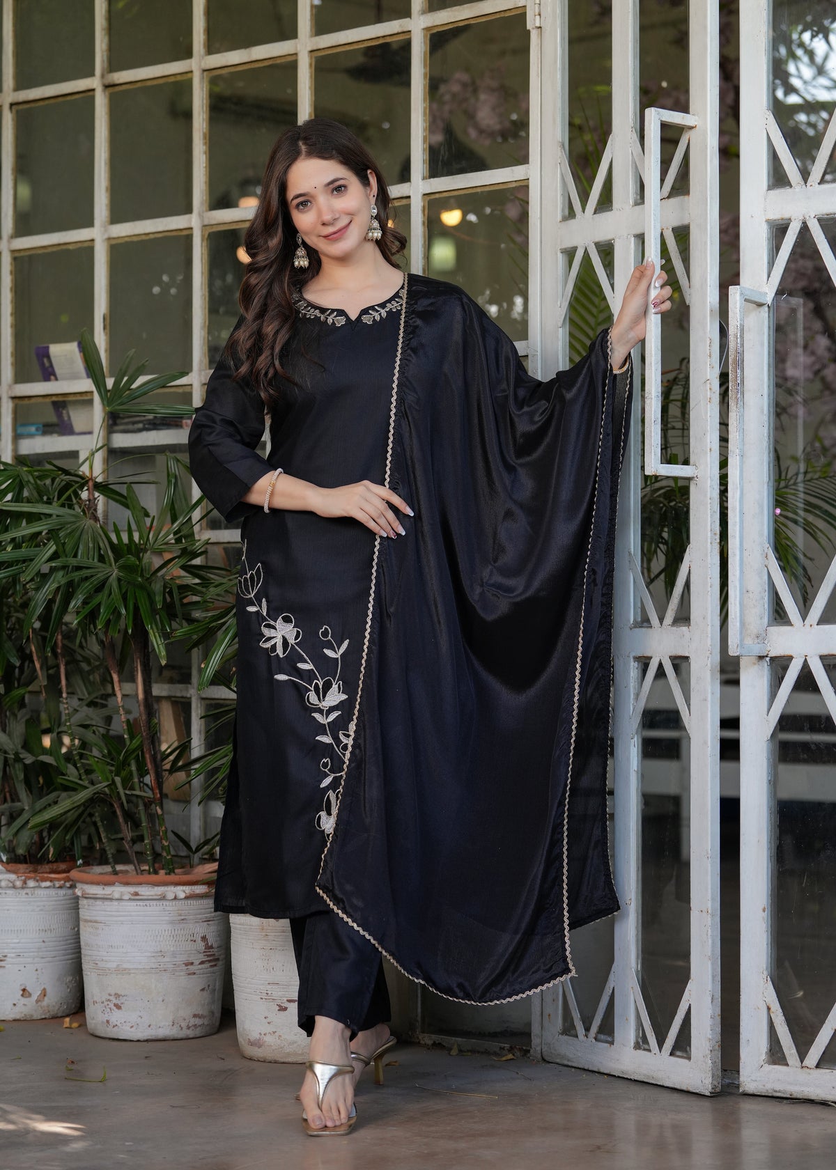 Designer Embroidered Viscose Rayon Kurti with Pants and Chinon Dupatta Set