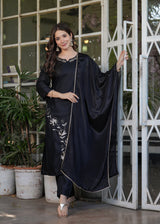 Designer Embroidered Viscose Rayon Kurti with Pants and Chinon Dupatta Set
