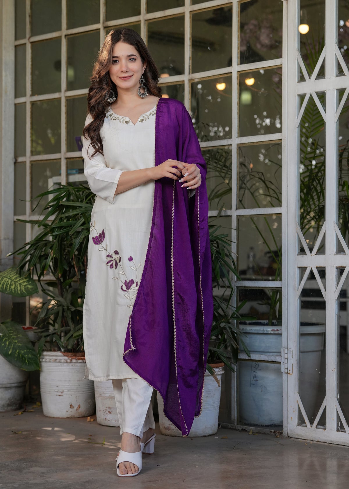 Designer Embroidered Viscose Rayon Kurti with Pants and Chinon Dupatta Set