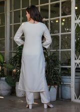 Designer Embroidered Viscose Rayon Kurti with Pants and Chinon Dupatta Set