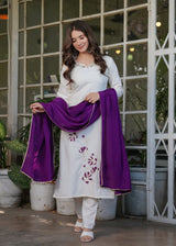 Designer Embroidered Viscose Rayon Kurti with Pants and Chinon Dupatta Set