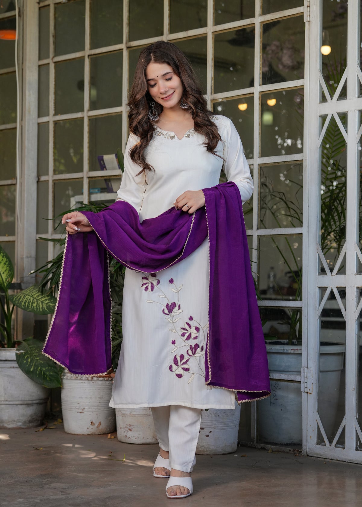Designer Embroidered Viscose Rayon Kurti with Pants and Chinon Dupatta Set