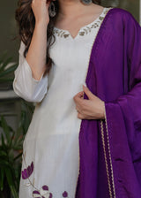 Designer Embroidered Viscose Rayon Kurti with Pants and Chinon Dupatta Set