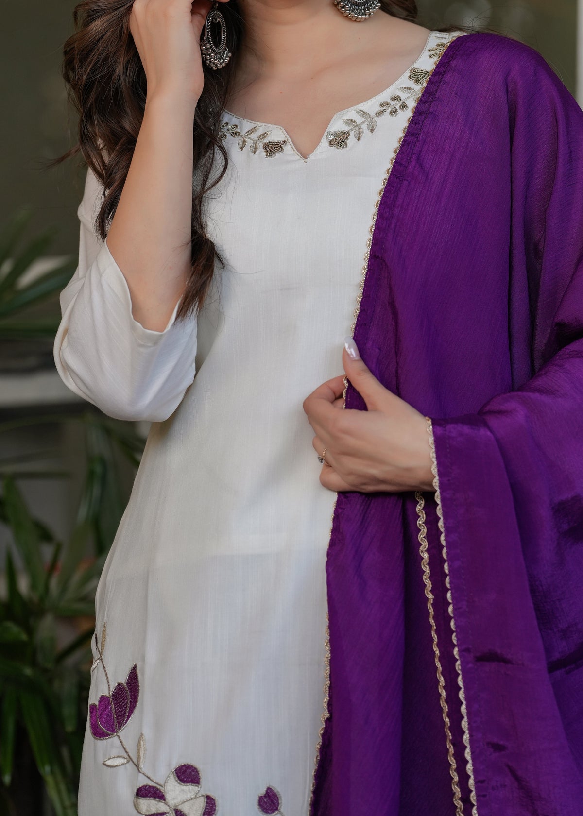 Designer Embroidered Viscose Rayon Kurti with Pants and Chinon Dupatta Set