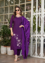 Designer Embroidered Viscose Rayon Kurti with Pants and Chinon Dupatta Set