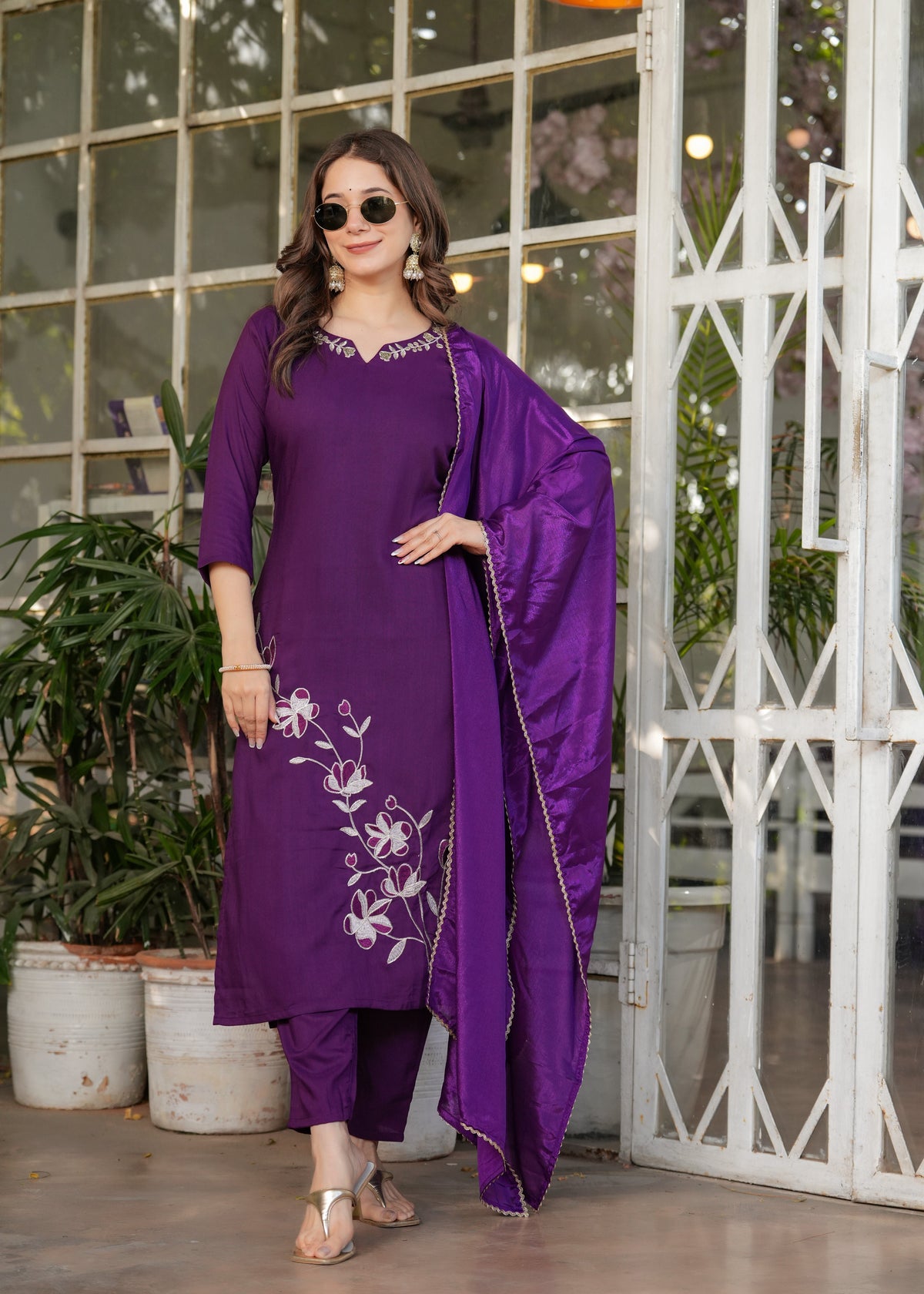 Designer Embroidered Viscose Rayon Kurti with Pants and Chinon Dupatta Set