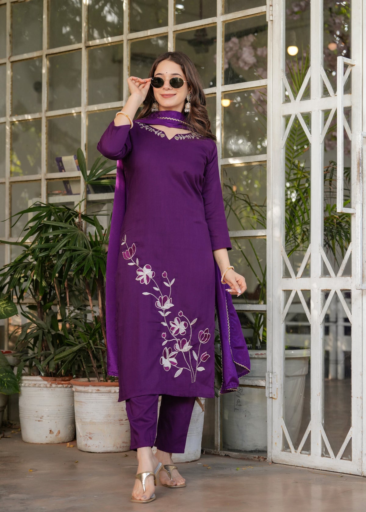 Designer Embroidered Viscose Rayon Kurti with Pants and Chinon Dupatta Set
