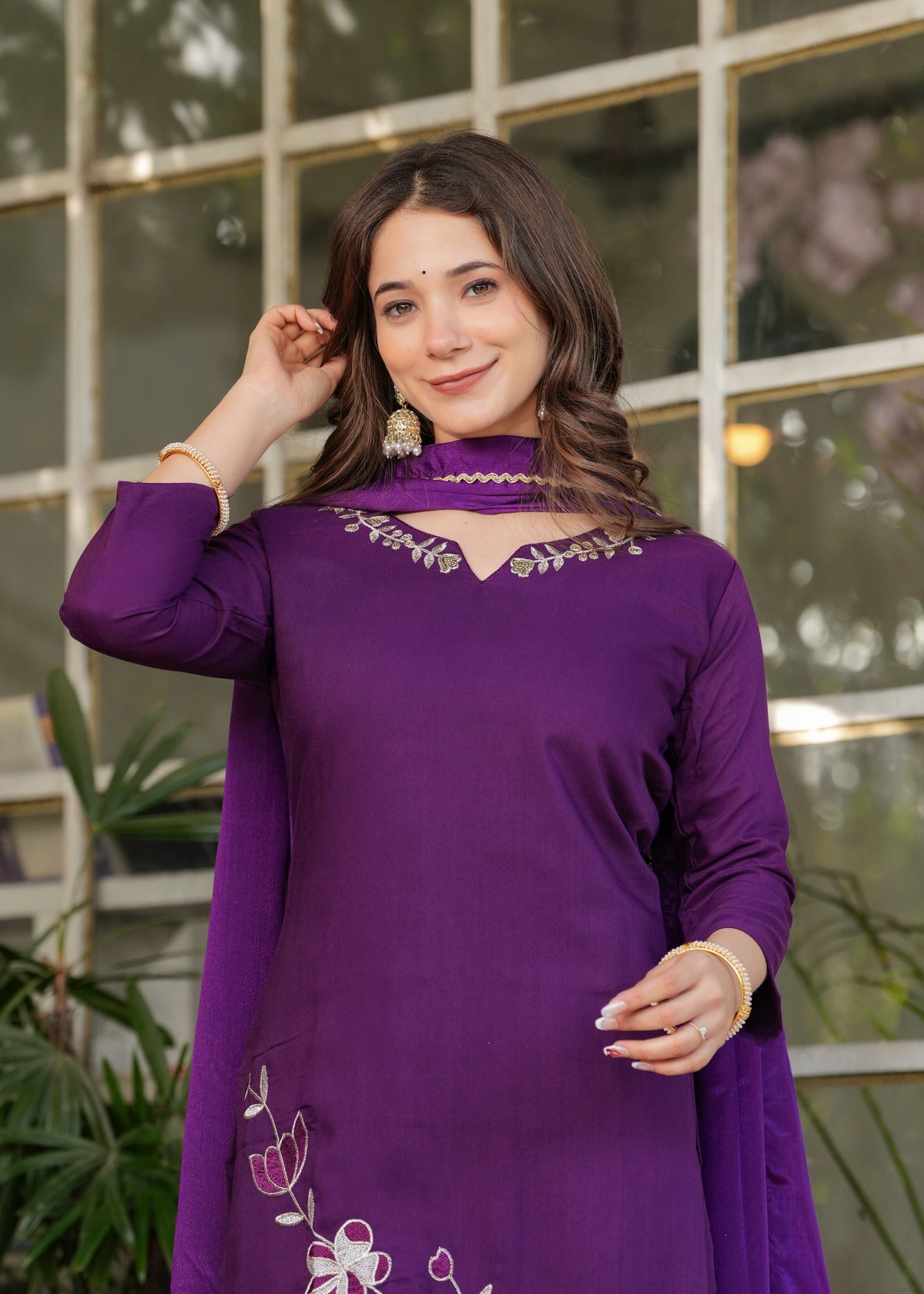 Designer Embroidered Viscose Rayon Kurti with Pants and Chinon Dupatta Set