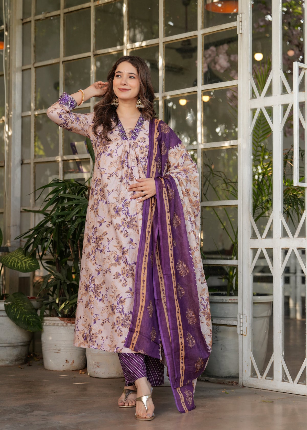 Floral Printed Pure Cotton Kurti with Bottom and Chanderi Cotton Dupatta Set