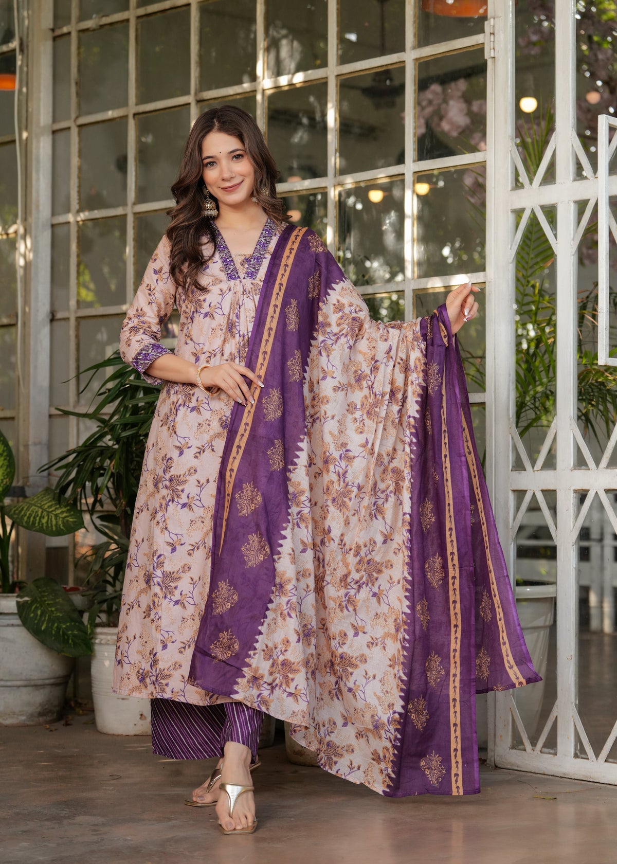 Floral Printed Pure Cotton Kurti with Bottom and Chanderi Cotton Dupatta Set