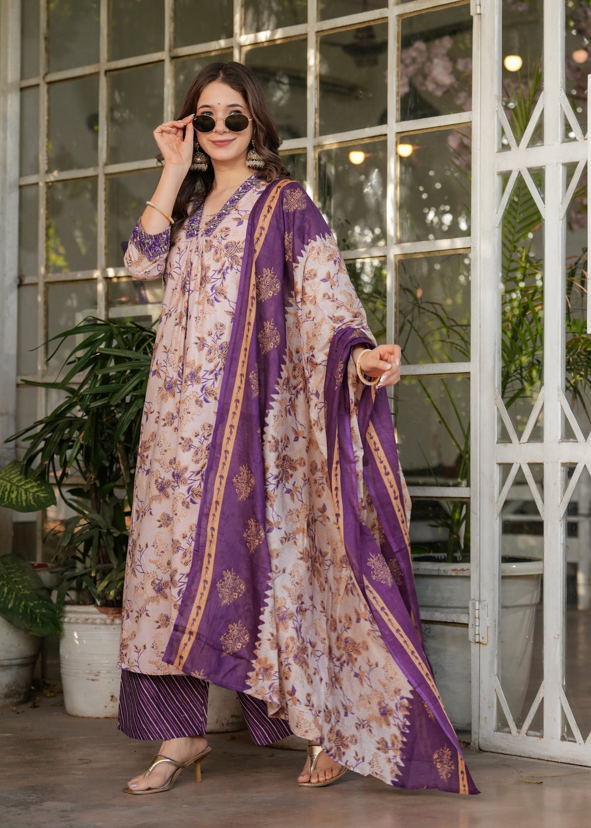 Floral Printed Pure Cotton Kurti with Bottom and Chanderi Cotton Dupatta Set