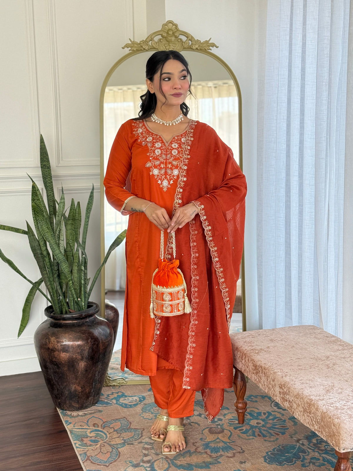Rust Orange Viscose Chinon Embroidered Designer Kurti with Pants and Chanderi Cotton Dupatta Set