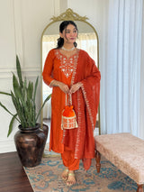 Rust Orange Viscose Chinon Embroidered Designer Kurti with Pants and Chanderi Cotton Dupatta Set