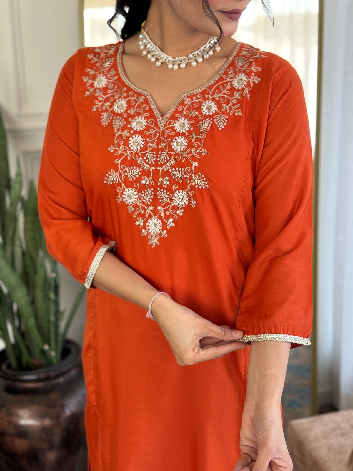 Rust Orange Viscose Chinon Embroidered Designer Kurti with Pants and Chanderi Cotton Dupatta Set