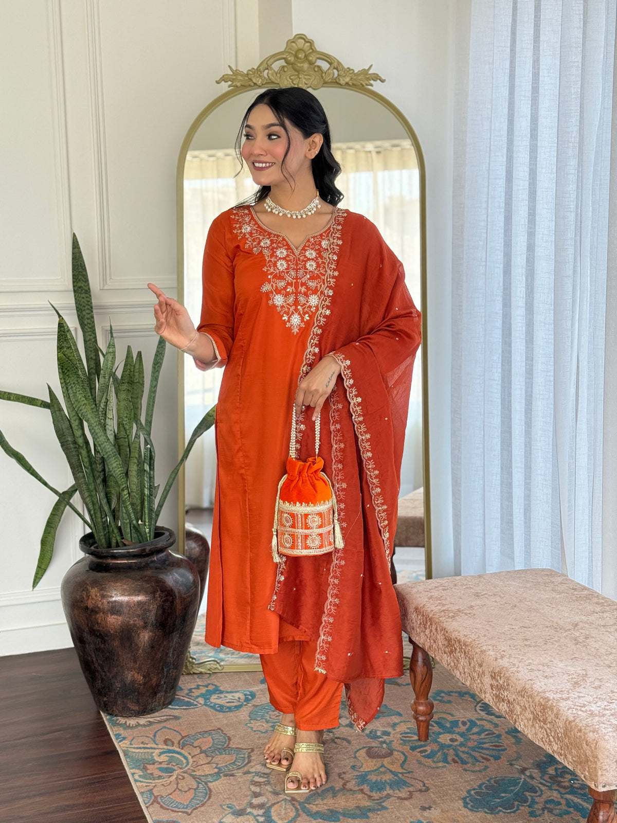 Rust Orange Viscose Chinon Embroidered Designer Kurti with Pants and Chanderi Cotton Dupatta Set