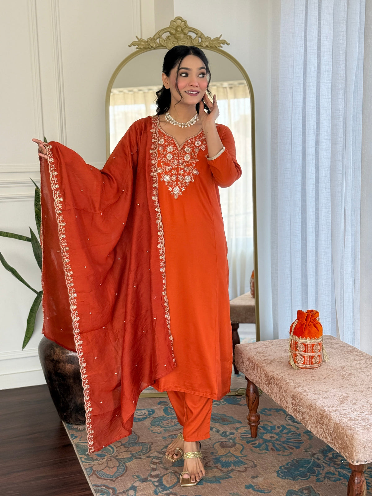 Rust Orange Viscose Chinon Embroidered Designer Kurti with Pants and Chanderi Cotton Dupatta Set
