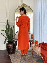 Rust Orange Viscose Chinon Embroidered Designer Kurti with Pants and Chanderi Cotton Dupatta Set